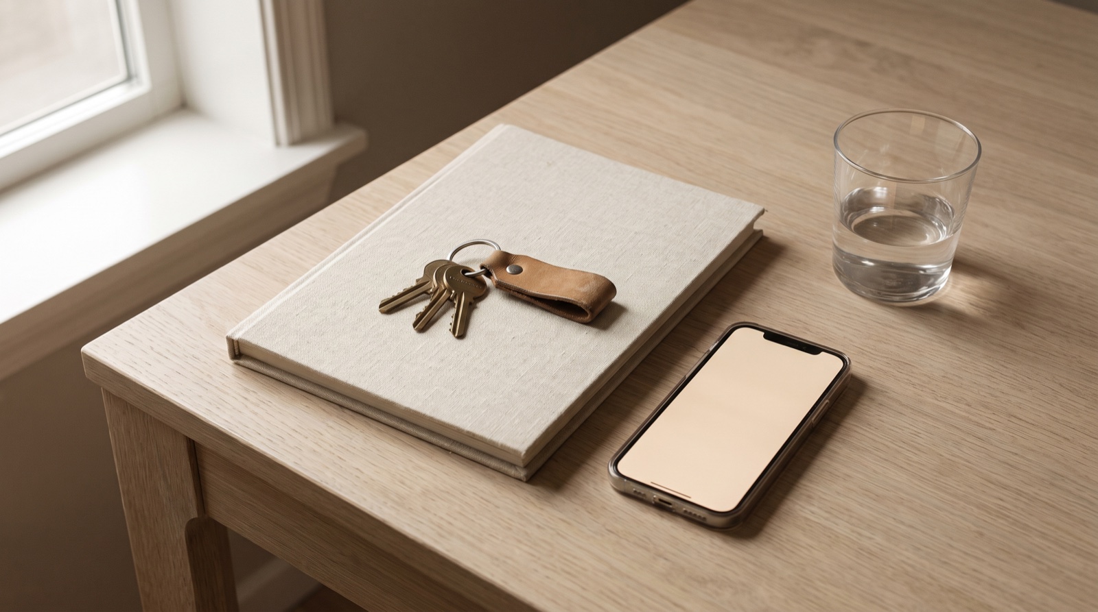 A ring of keys on a leather fob resting on a closed linen folder on a pale oak table, a phone with a blank pale screen and a glass of water beside it
