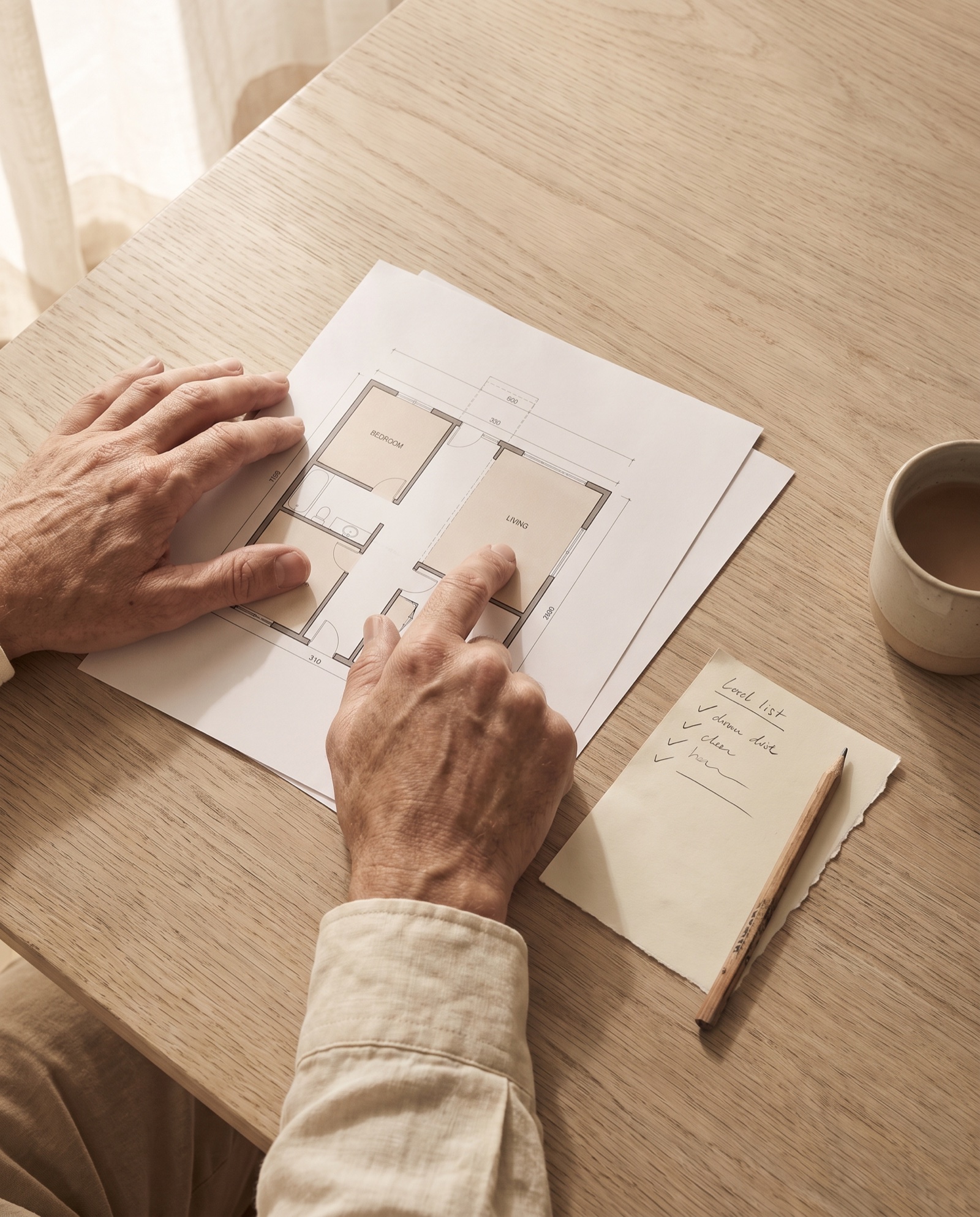 From above, hands reviewing a printed apartment floor plan on an oak table, a short handwritten list with three ticked lines and a pencil beside it