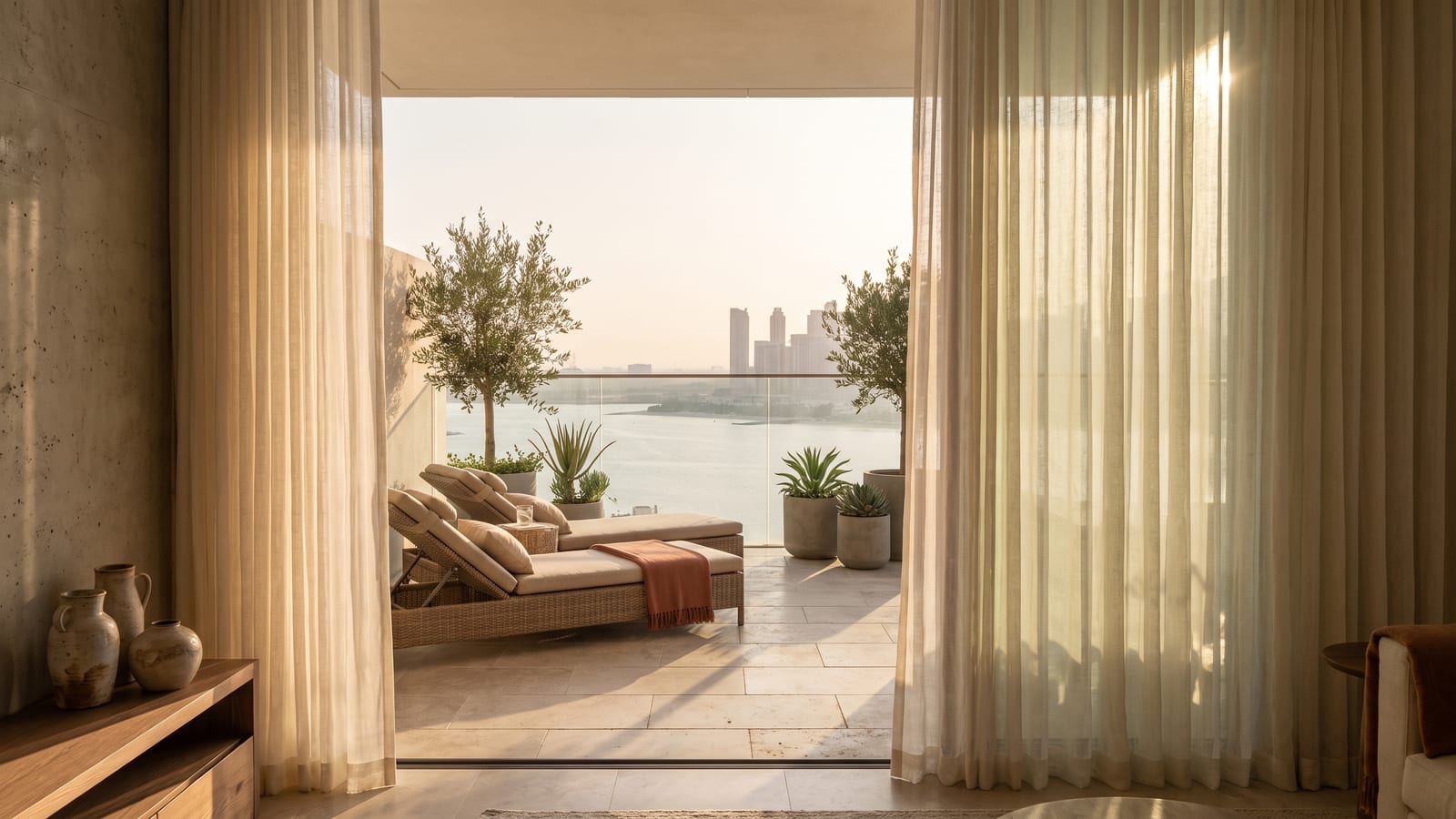 From inside a calm apartment, a terrace with two loungers, the sea and a distant skyline beyond