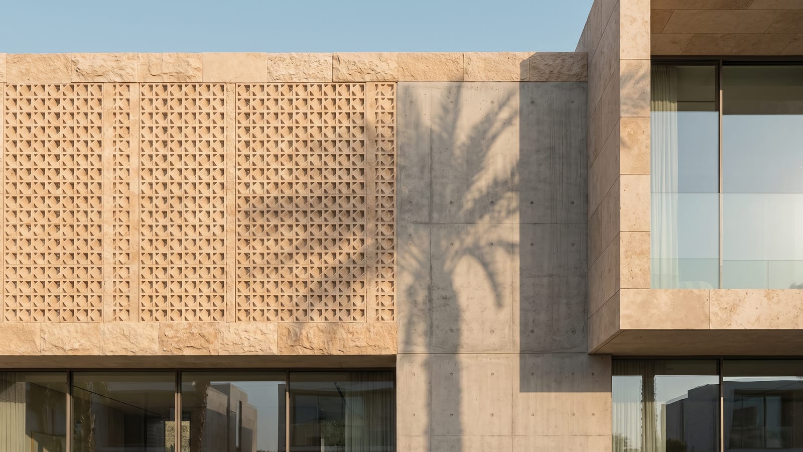 A patterned stone screen on a building with the shadow of a palm across it