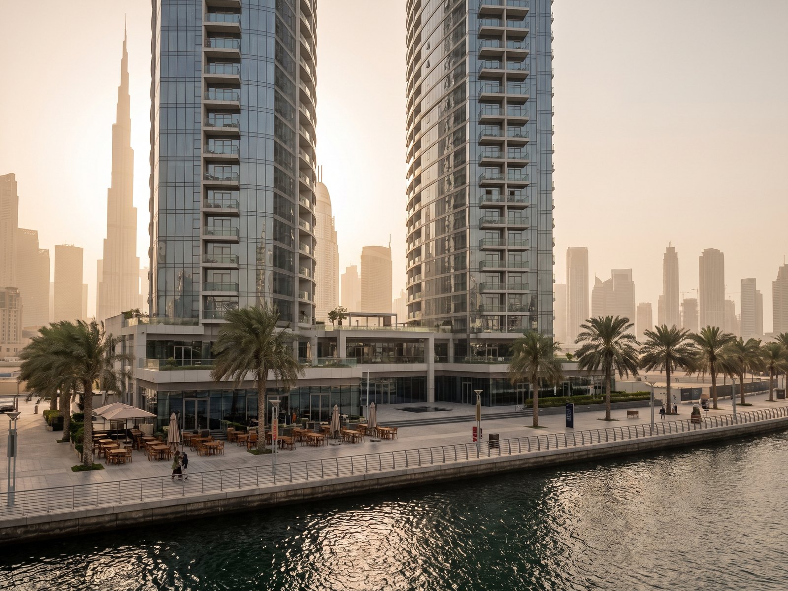 Impression of Peninsula Four, The Plaza: two glass towers on a podium beside the Dubai Water Canal with a waterfront plaza