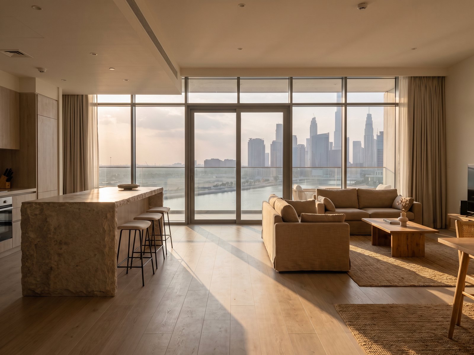 Impression of an apartment at Peninsula Four, The Plaza: floor-to-ceiling glass over the canal and the Downtown towers