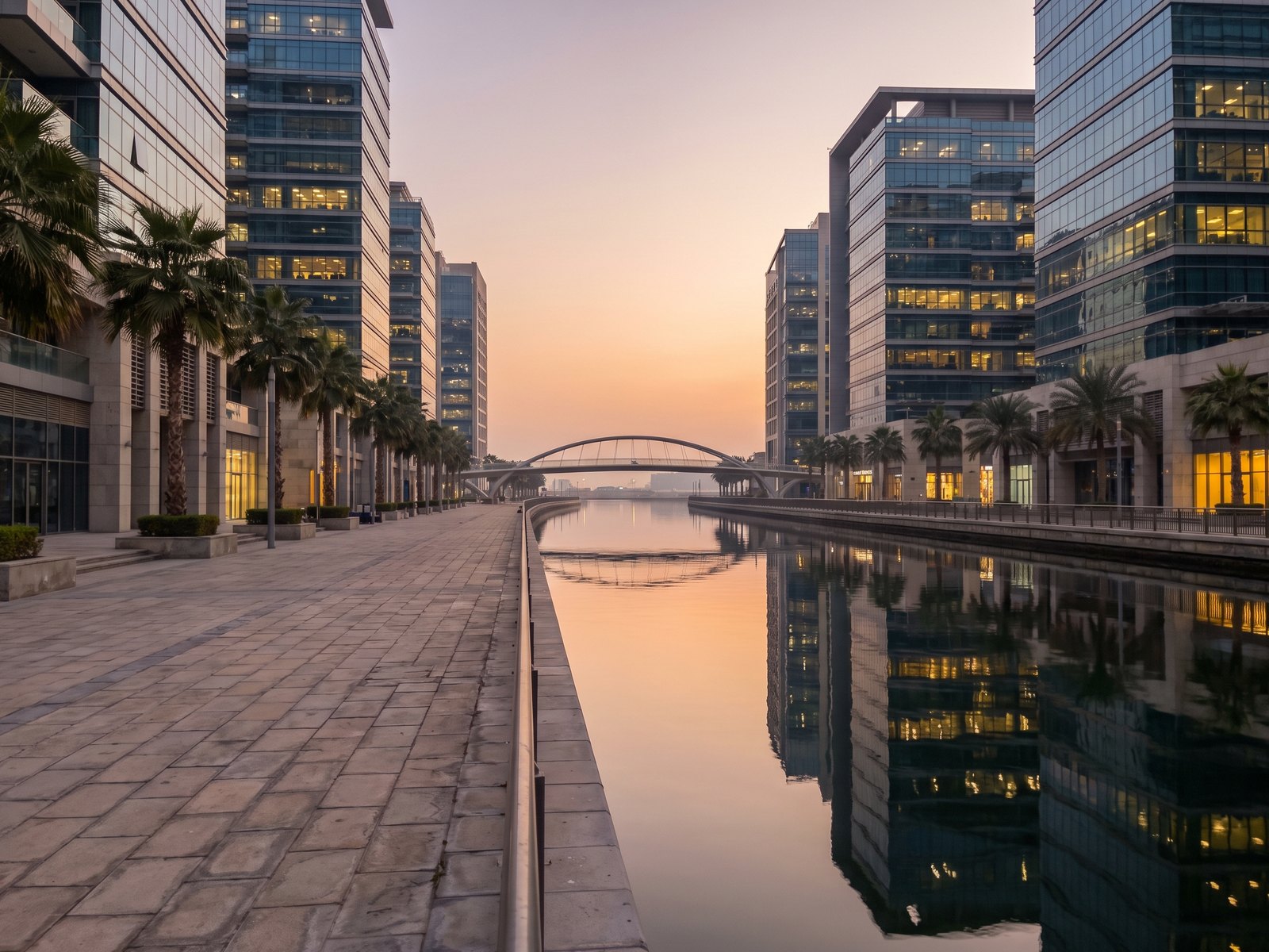 Impression of the setting of Peninsula Four, The Plaza: the canal-side promenade at dusk