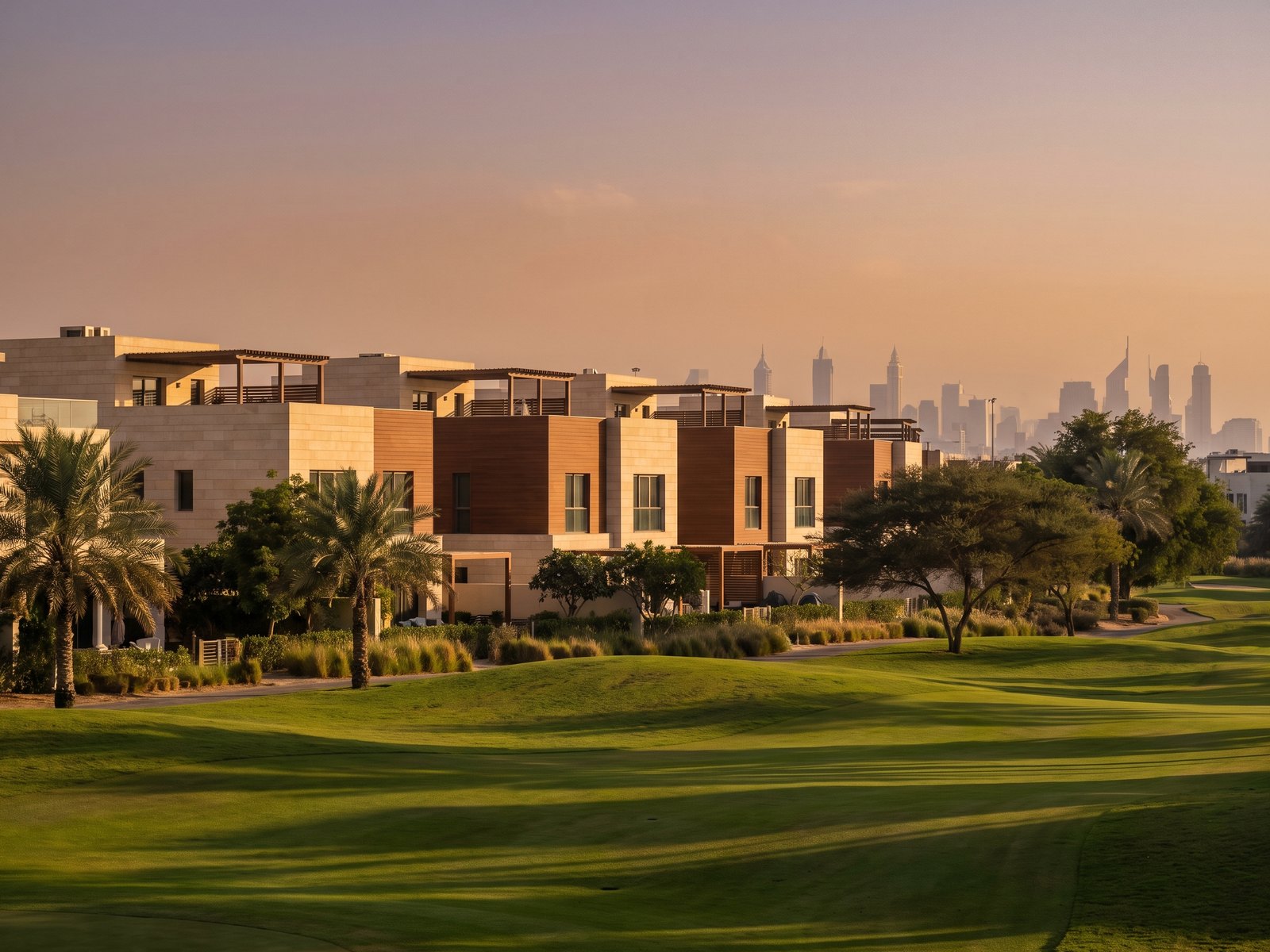 Impression of Golf Grove: two-storey villas in pale stone and timber with rooftop terraces along a golf fairway