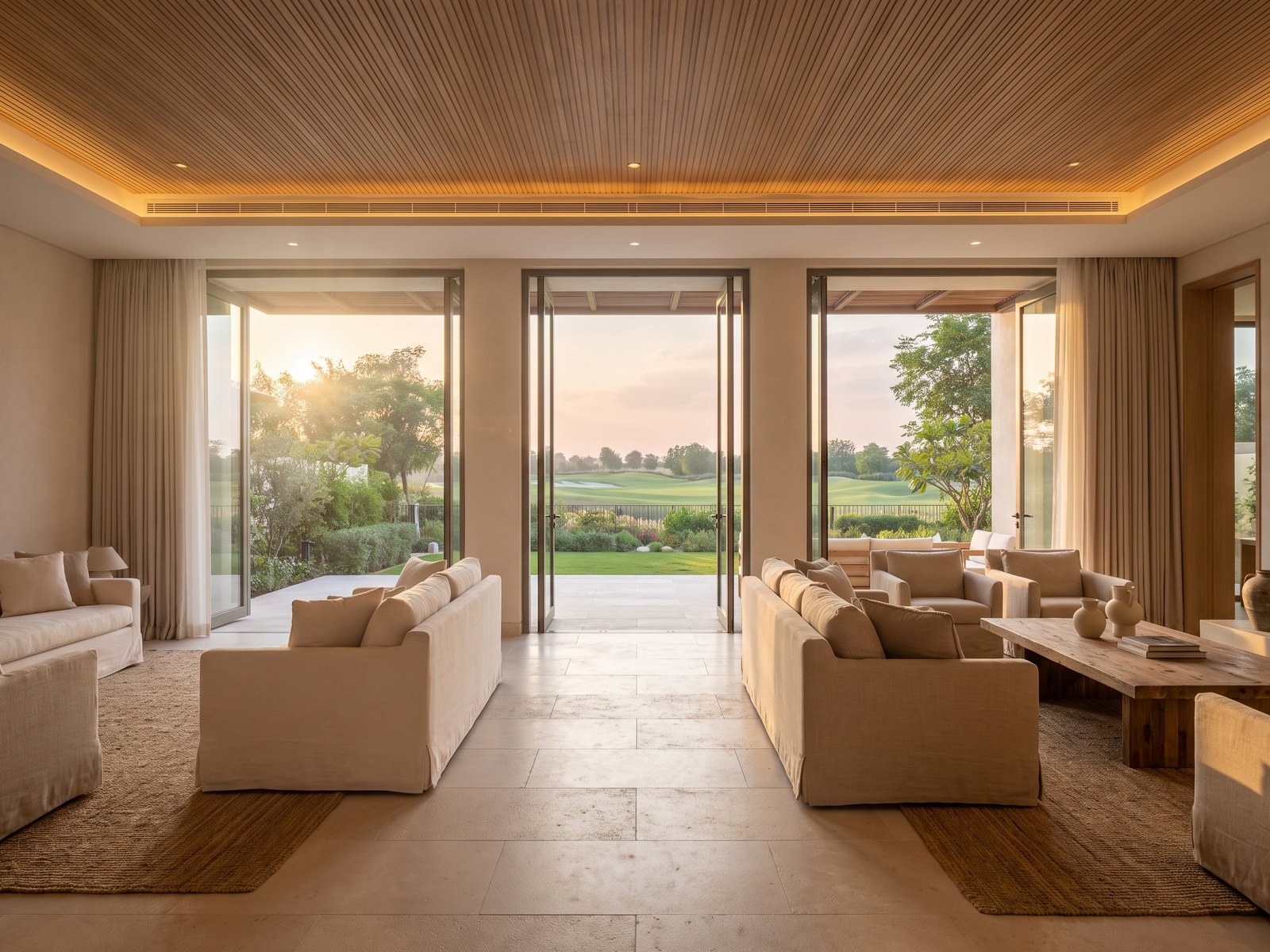 Impression of an apartment at Golf Grove: a double-height living room opening to the garden and the fairway