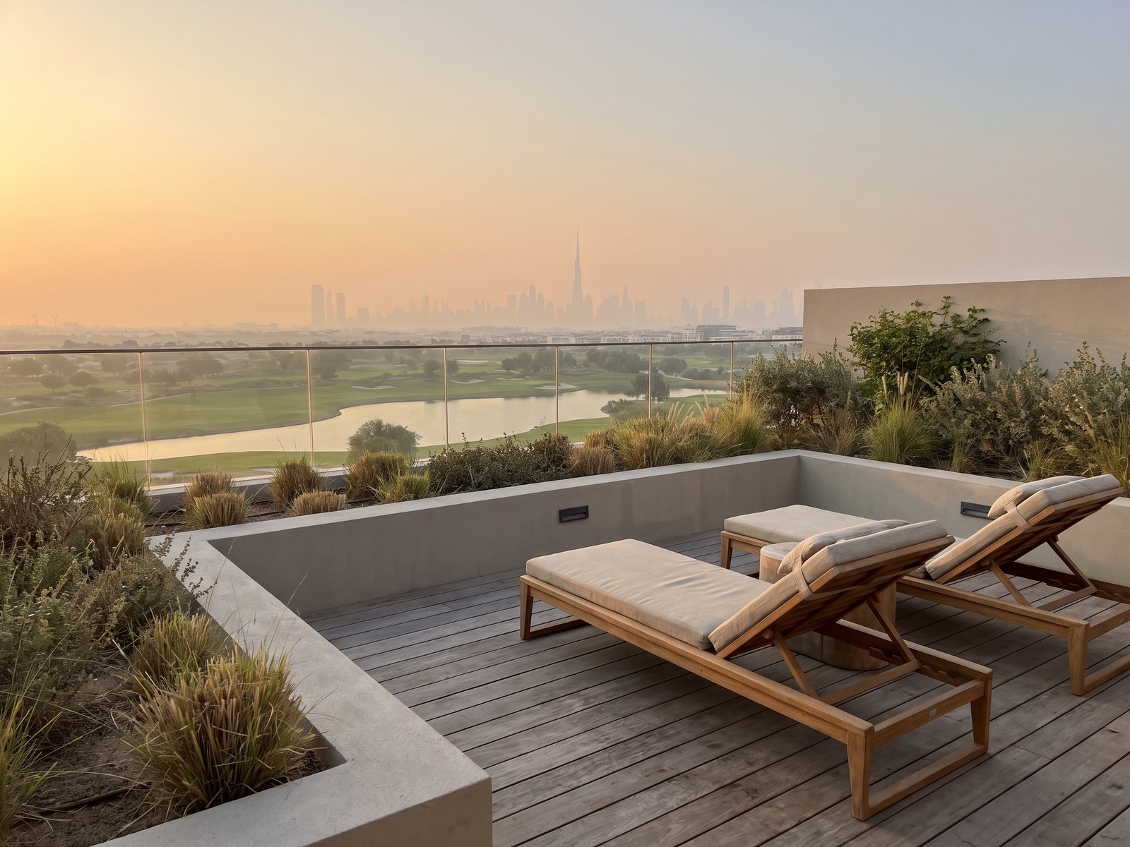 Impression of the setting of Golf Grove: a rooftop terrace over the course at golden hour