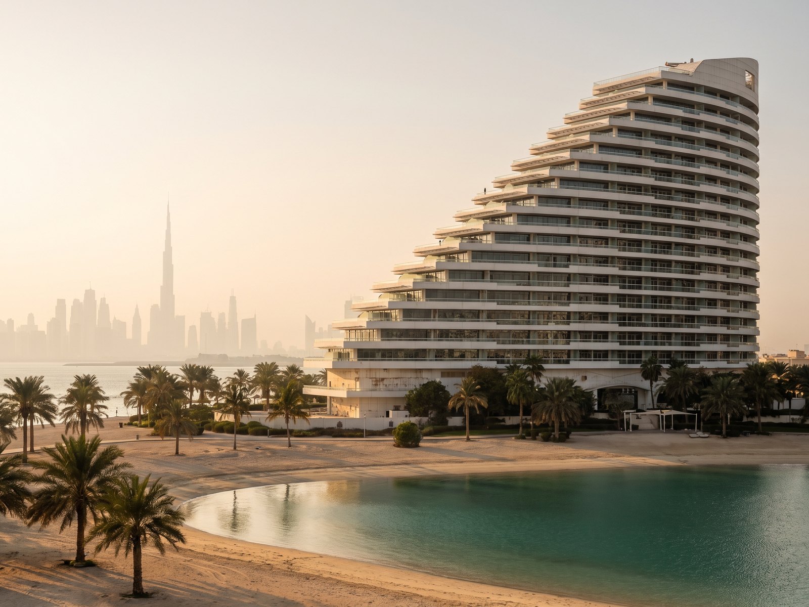 Impression of 330 Riverside Crescent: a curved tower of stepped white balconies beside a lagoon and beach