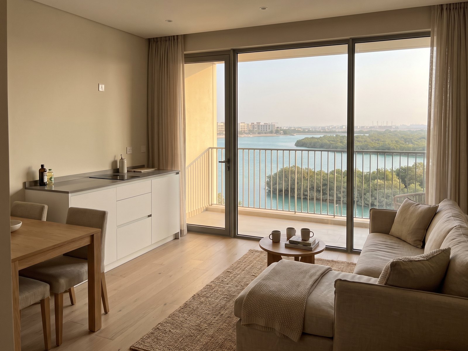 Impression of an apartment at 330 Riverside Crescent: a compact one-bed with a balcony over the lagoon