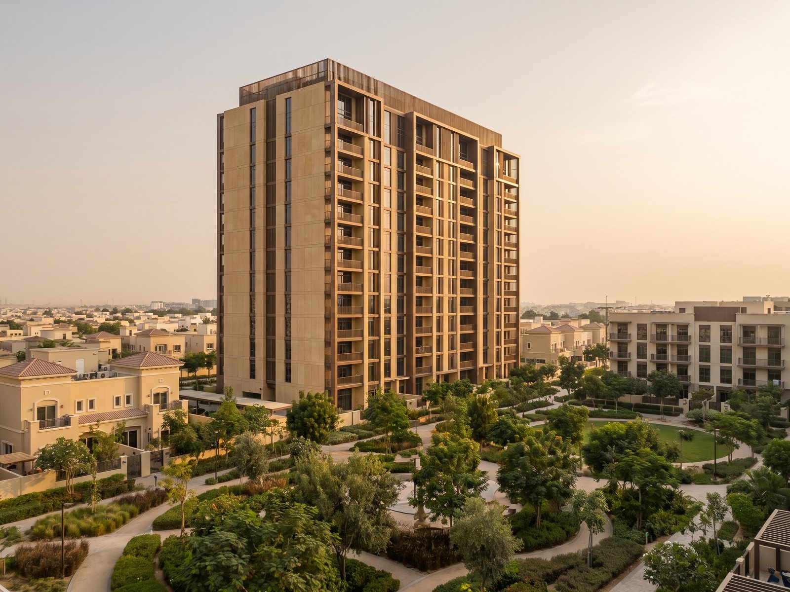 Impression of Belgravia Heights I: a 21-storey building in sand and bronze with deep balconies over a community park
