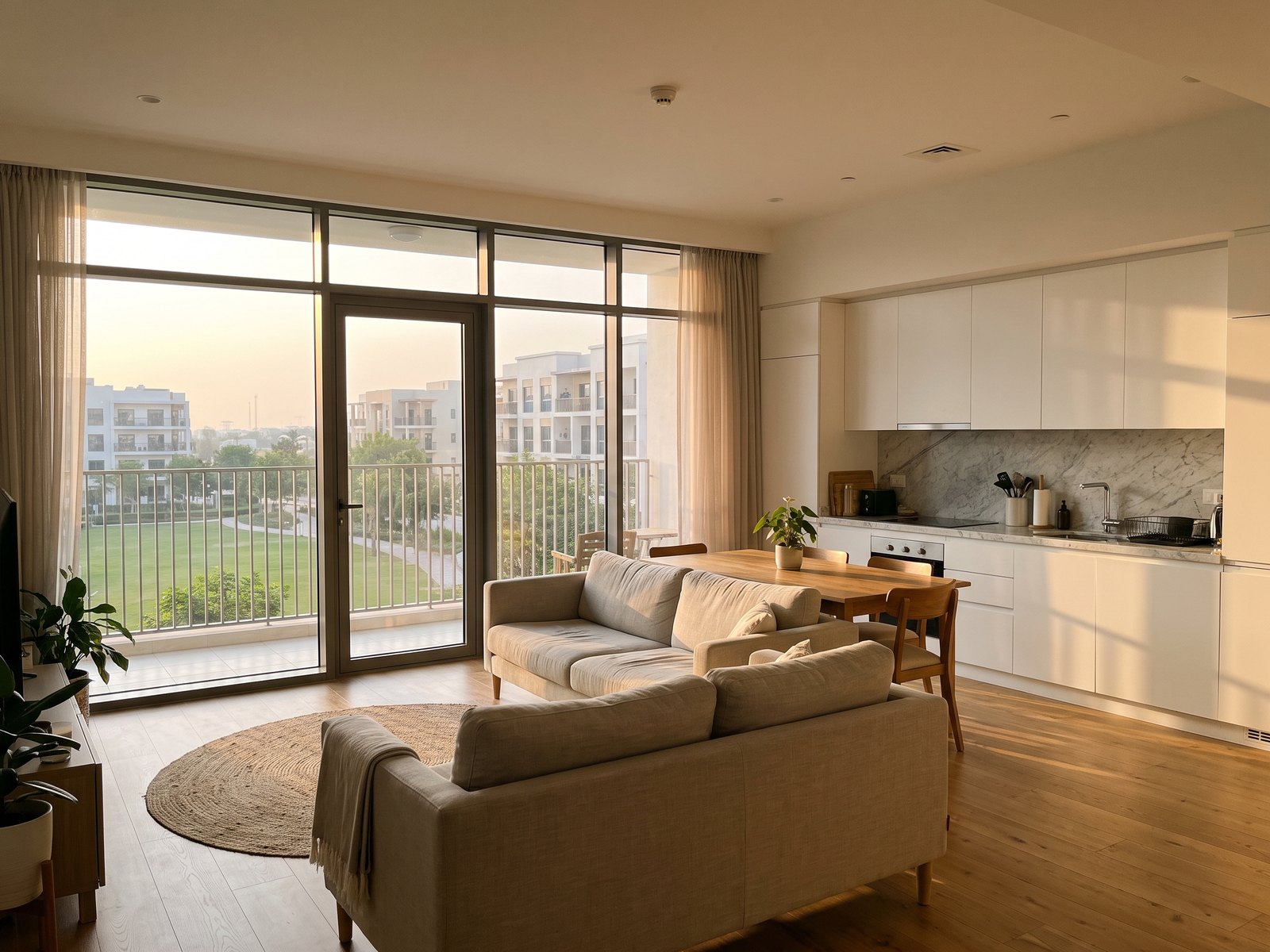 Impression of an apartment at Belgravia Heights I: a one-bed living room with a balcony over the park