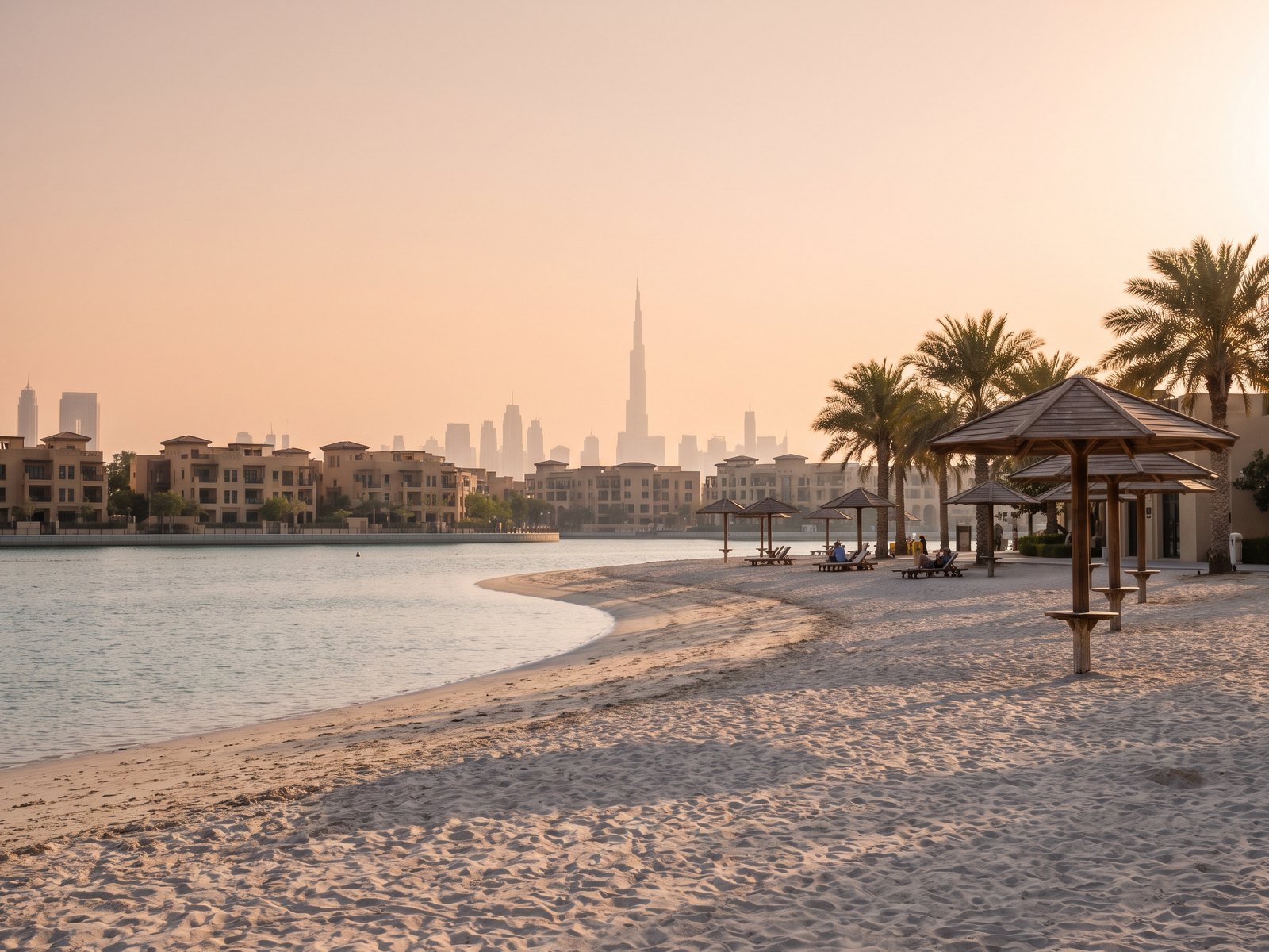 Impression of the setting of Bayshore at Creek Beach: the curving beach on the lagoon at golden hour