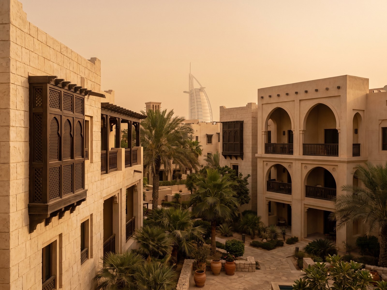 Impression of Asayel, Madinat Jumeirah Living: low-rise cream buildings with mashrabiya screens and arched loggias around courtyards, the Burj Al Arab beyond
