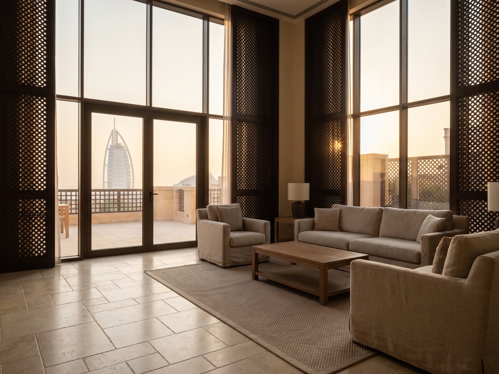 Impression of an apartment at Asayel, Madinat Jumeirah Living: a living room with latticed screens and a glimpse of the Burj Al Arab