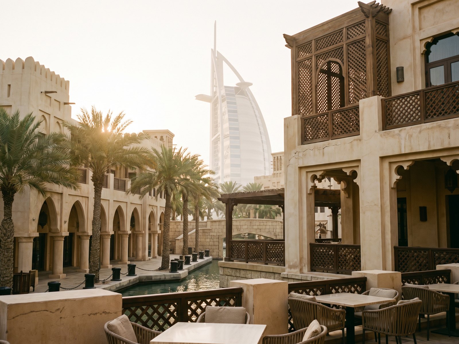 Impression of the setting of Asayel, Madinat Jumeirah Living: a shaded lane of arches and water channels