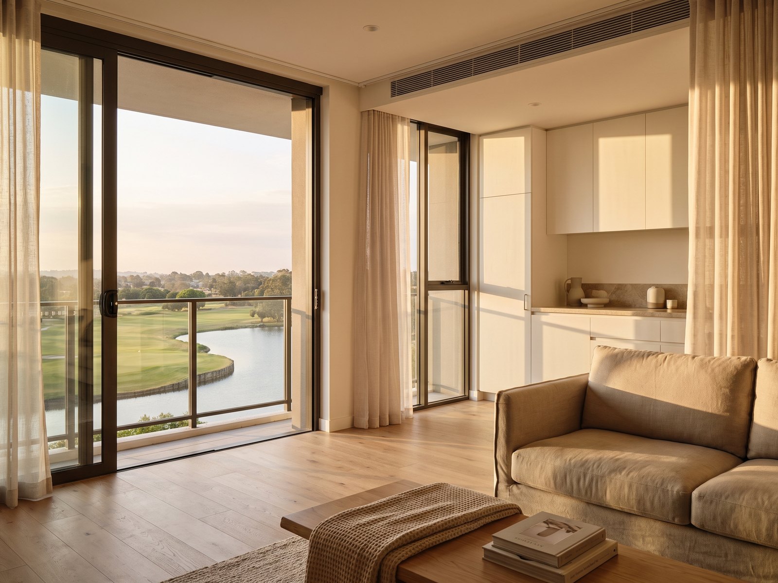 Impression of an apartment at Golf Views, Emaar South: a one-bed living room with a balcony onto the fairways