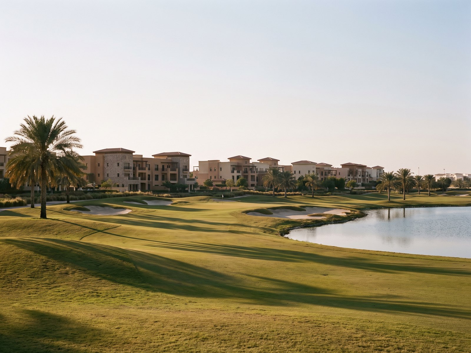 Impression of the setting of Golf Views, Emaar South: the 18-hole course in late afternoon