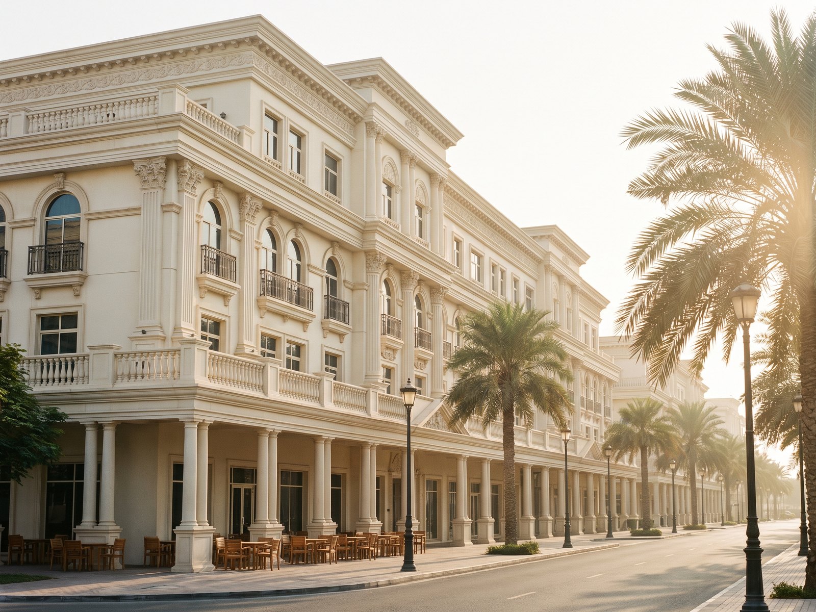 Impression of Vincitore Boulevard: a low-rise Italianate building with carved cornices, arches and a colonnade of cafes on the boulevard