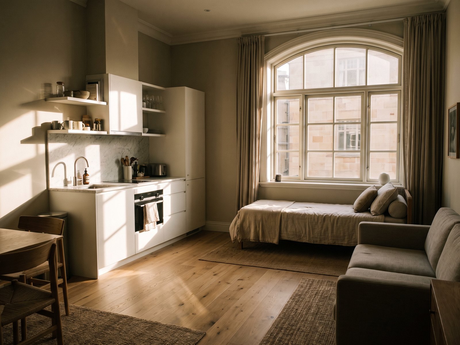 Impression of an apartment at Vincitore Boulevard: a compact studio with a tall arched window