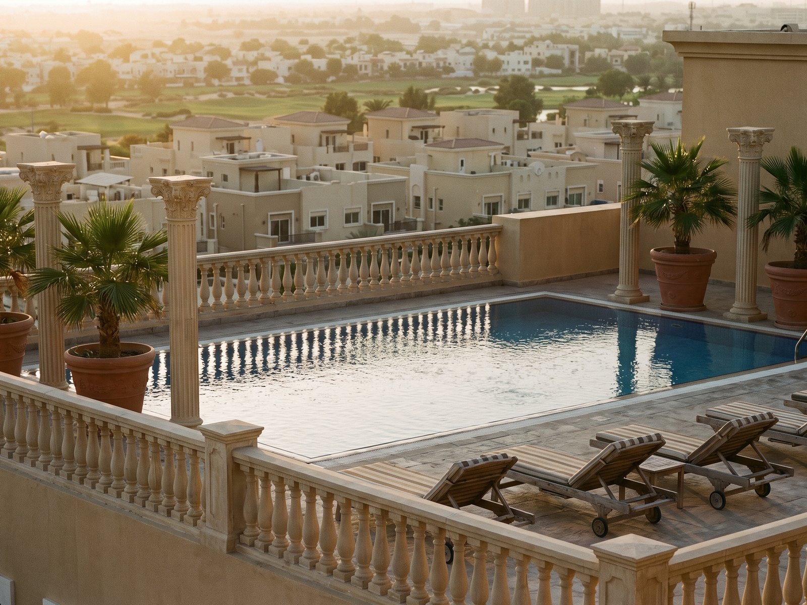 Impression of the setting of Vincitore Boulevard: the rooftop pool with balustrades and columns