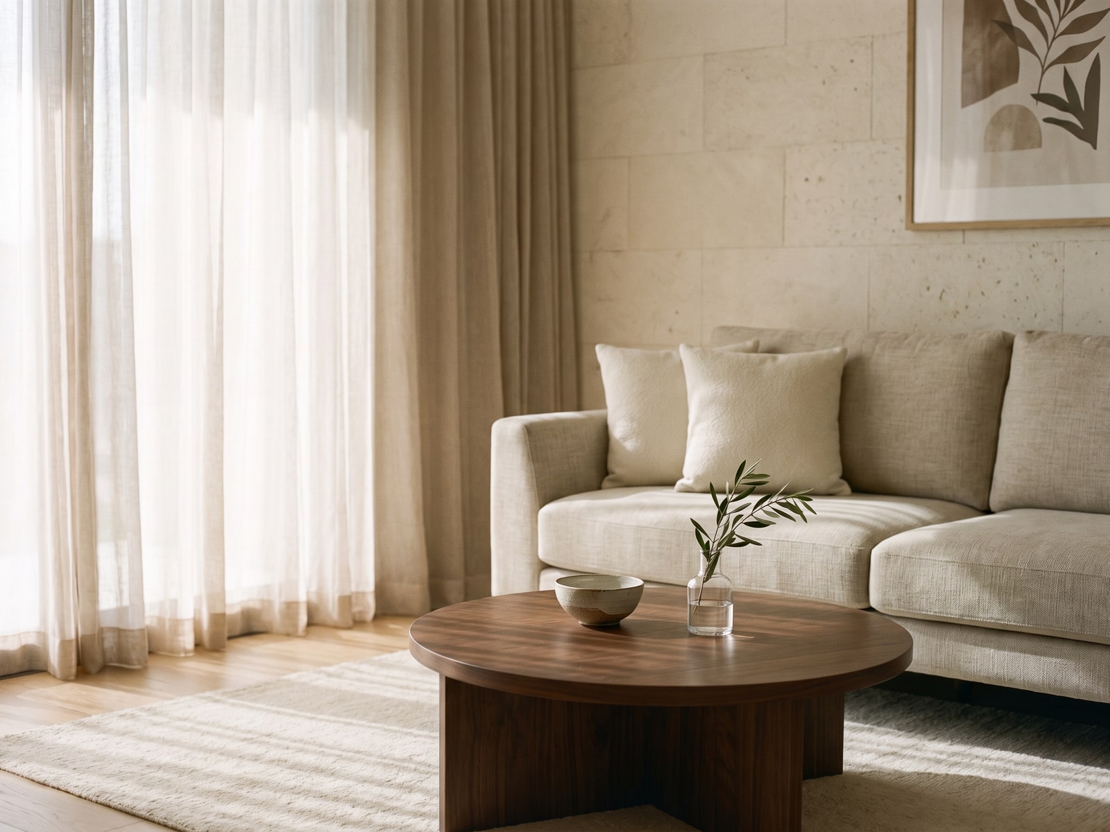 A prepared living room: a linen sofa, a walnut table and sheer daylight