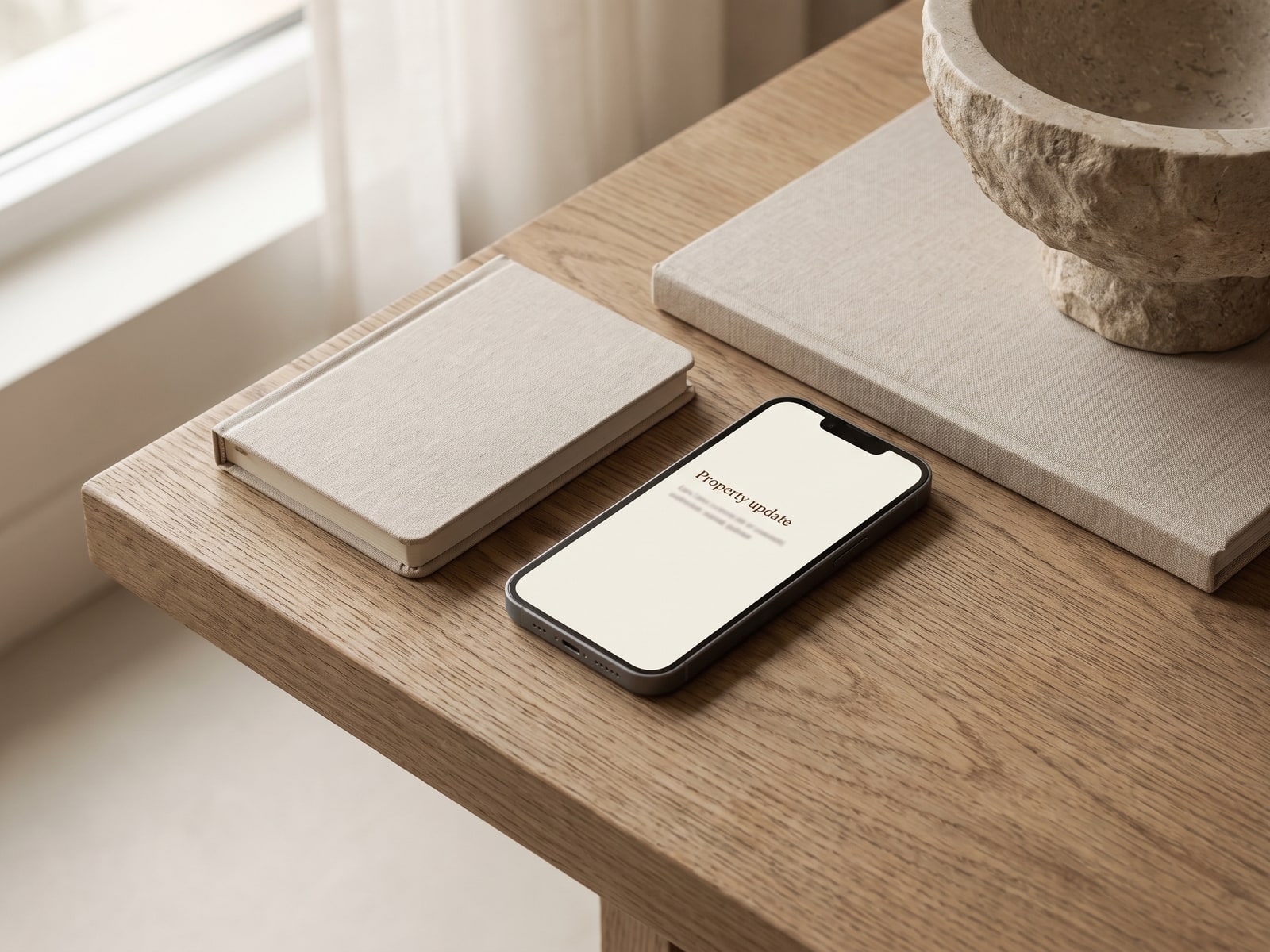 A phone on a timber surface showing a plain property update page