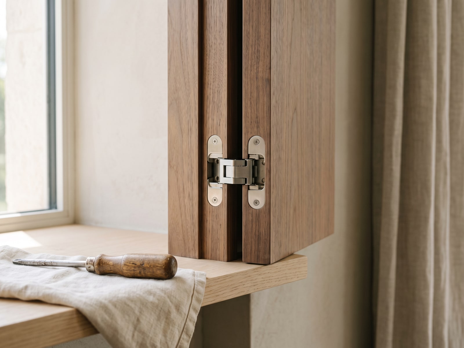 A cabinet hinge in close detail with a screwdriver laid on the shelf beneath