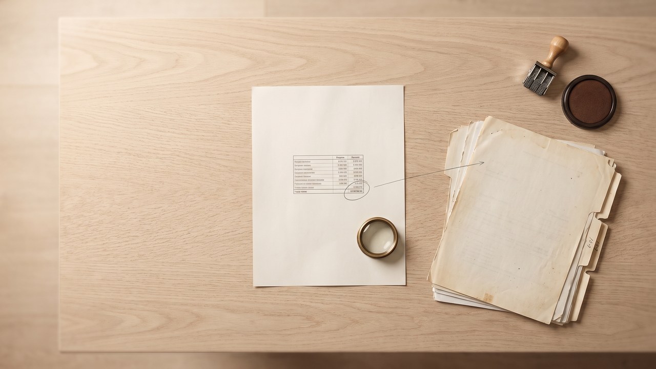 A printed table of figures seen from above, one figure circled and a pencil line drawn from it to a stack of tabbed source documents, a date stamp and a loupe beside them