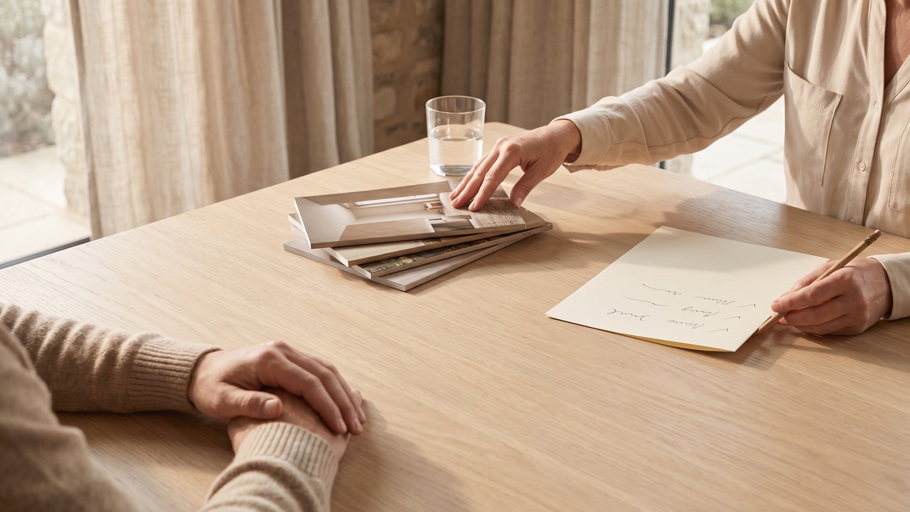 Across a pale oak table, one hand ticks a short handwritten list of priorities while the other pushes a stack of property brochures away